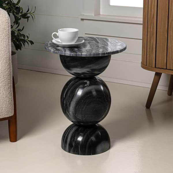 Aura 14 in. Modern Natural Marble Handmade Stacked Round Pedestal End Table, Dark Gray/Light Gray