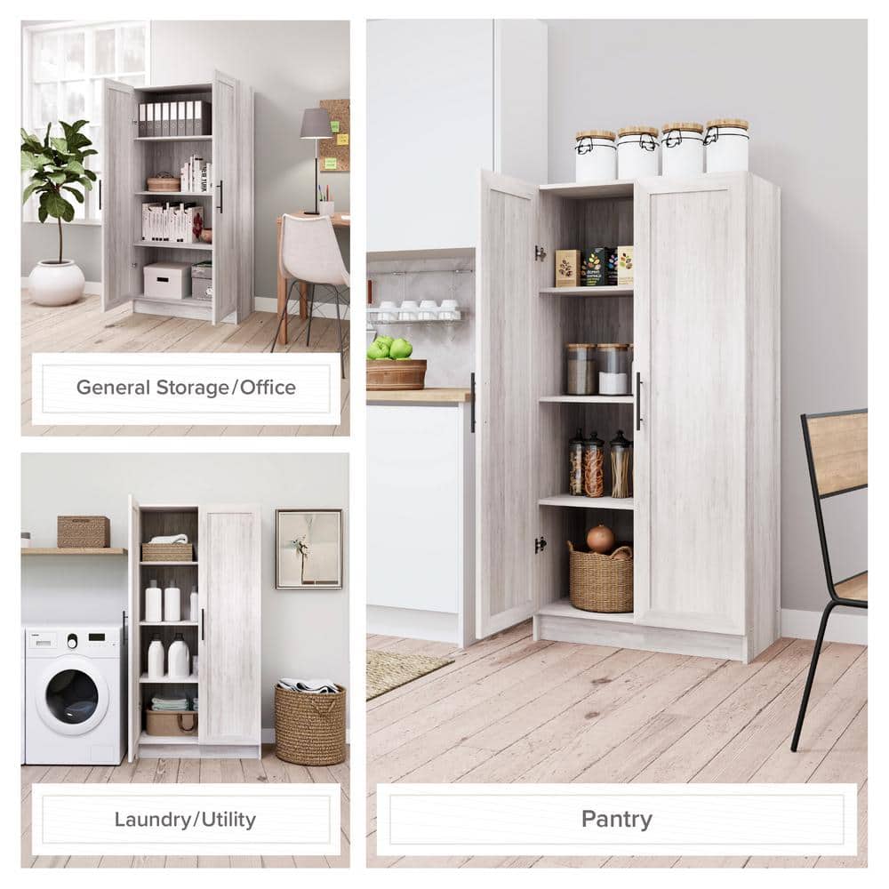 Washed White Tall Utility Storage Cabinet with Adjustable Shelving