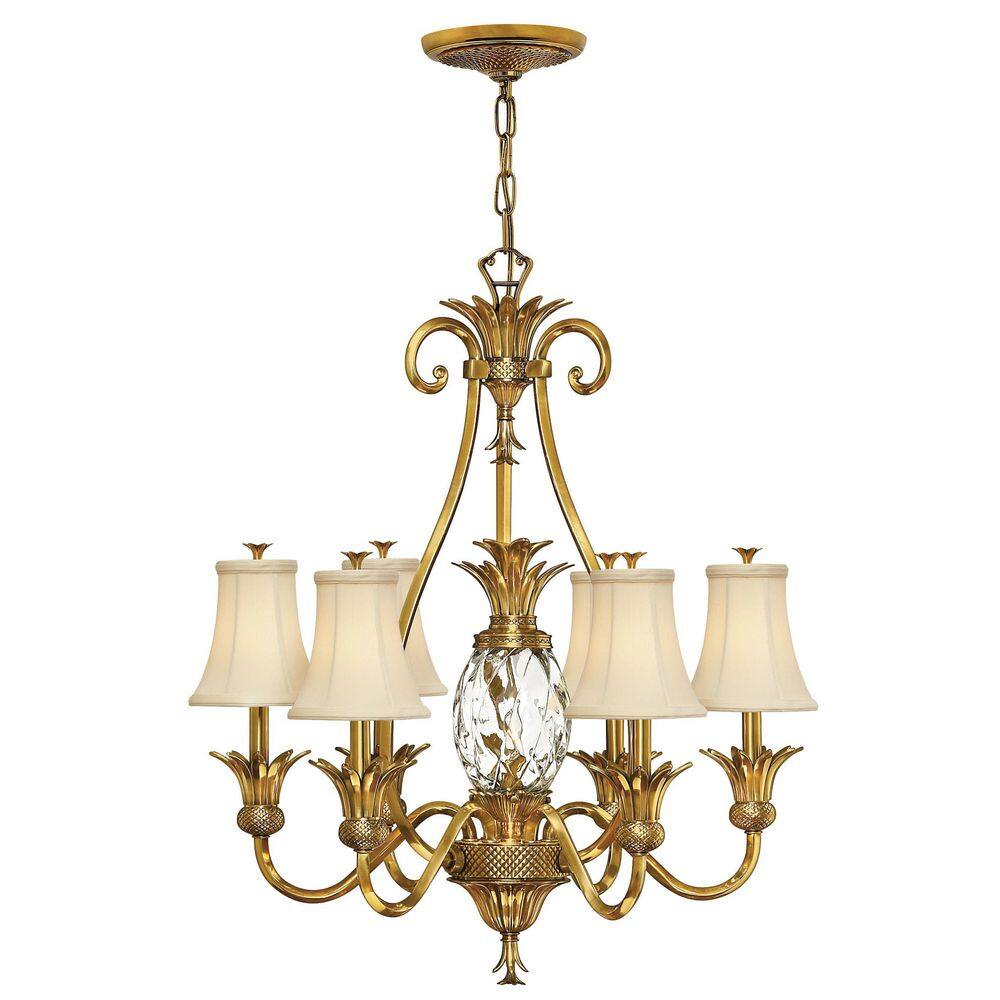 Elegant Burnished Brass 7-Light Chandelier with Ivory Silk Shades