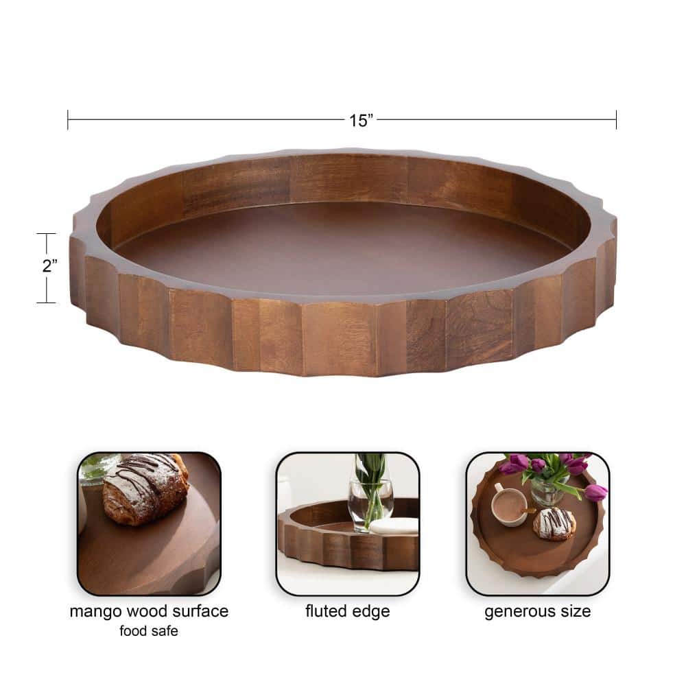 Walnut Brown 15" Round Mango Wood Tray with Wavy Design