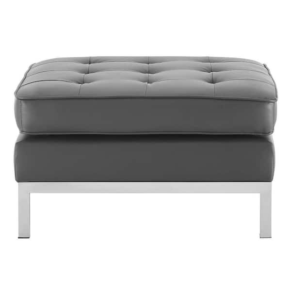 MODWAY Loft Silver Gray Tufted Button Upholstered Faux Leather Ottoman