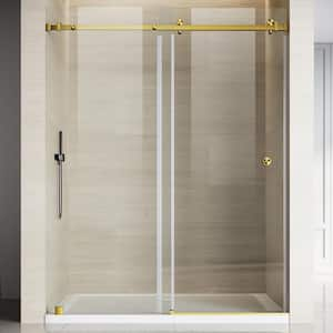 UKS09 56 to 60 in. W. x 76 in. H Single Sliding Frameless Shower Door in Satin Brass, Enduro Shield 3/8 in. Clear Glass