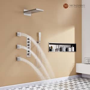 Luxury Temperature Display 4-Spray Patterns Thermostatic 22 in. Wall Mount Dual Shower Heads with 3-Jet in Brush Nickel