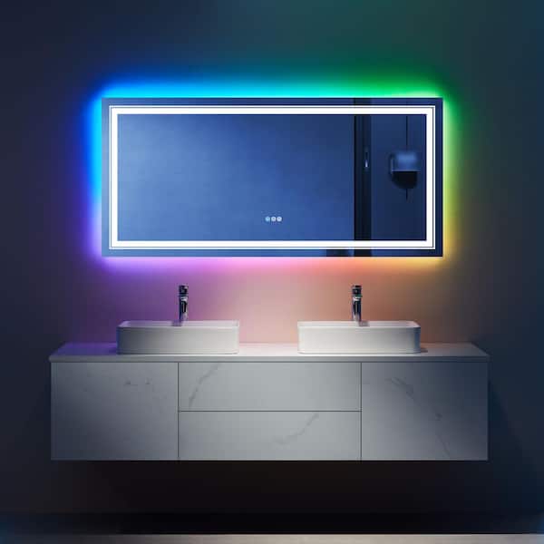 UPIKER Artistic 60 in. W x 28 in. H Large Rectangular Frameless Anti-Fog Wall Mount Bathroom Vanity Mirror in Silver