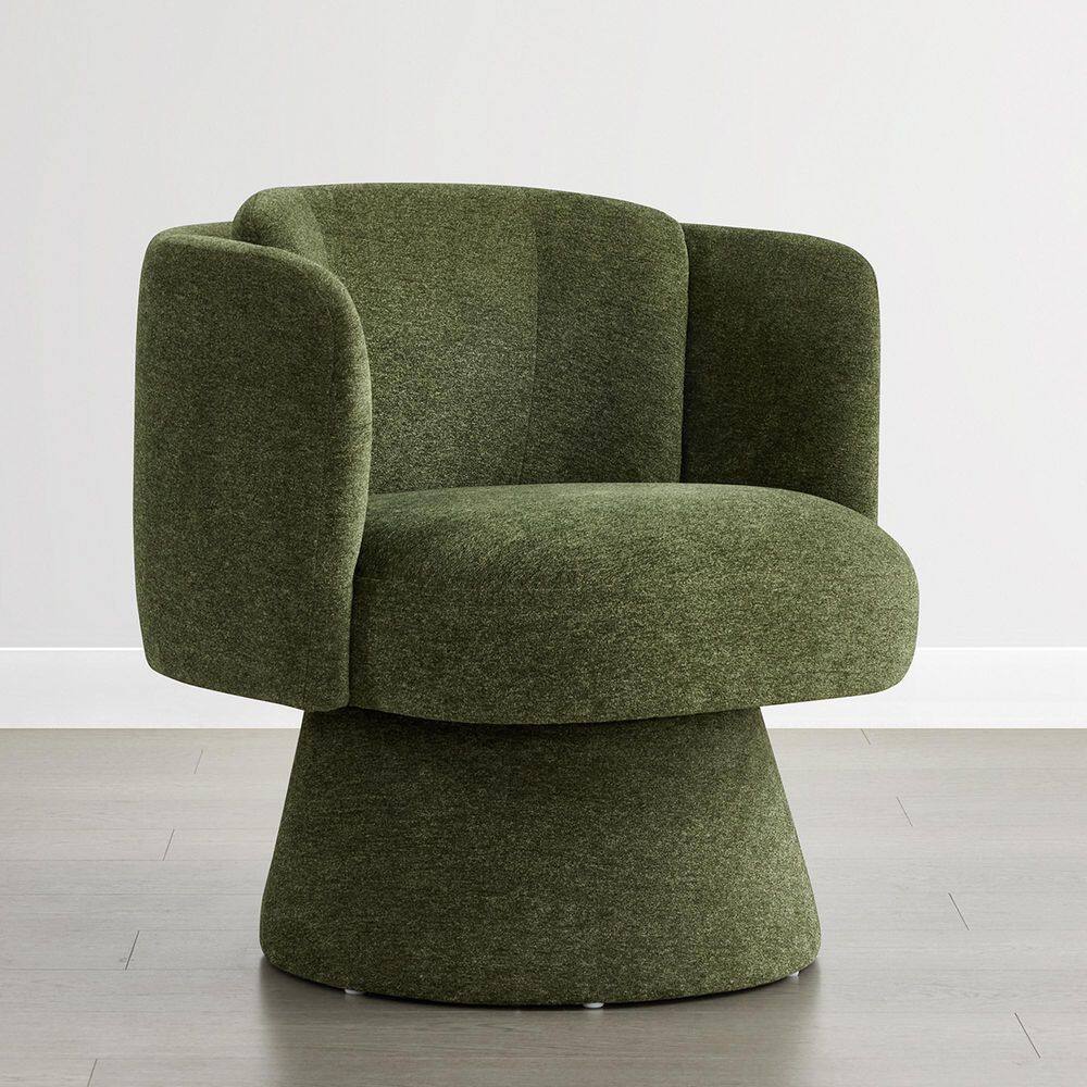 Front view of an olive green swivel accent chair.
