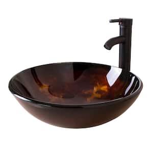 Solid Tempered Glass Round Bathroom Vessel Sink in Brown with Oil Rubbed Bronze Faucet and ORB Pop-Up Drain