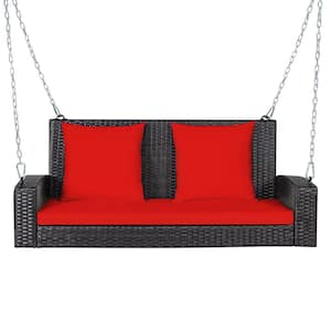 2-Person Patio Rattan Hanging Porch Swing Bench Chair Red Cushion