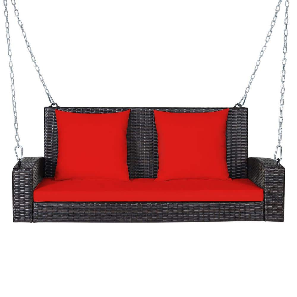 Costway 2-Person Patio Rattan Hanging Porch Swing Bench Chair Red ...