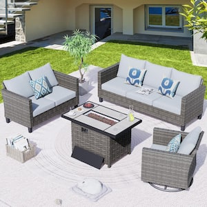 Shasta Gray 4-Piece Wicker Patio Rectangular Fire Pit Set with Gray Cushions and Swivel Rocking Chair