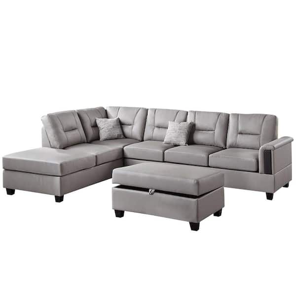 Venetian Worldwide Gregory 78 In. Wide Reversible 3-Piece Faux Leather in Light Gray with Storage Ottoman