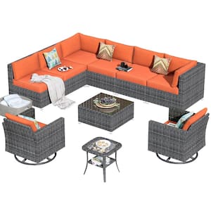 Messi Grey 10-Piece Wicker Patio Conversation Sofa Seating Set with Swivel Rocking Chairs and Orange Red Cushions