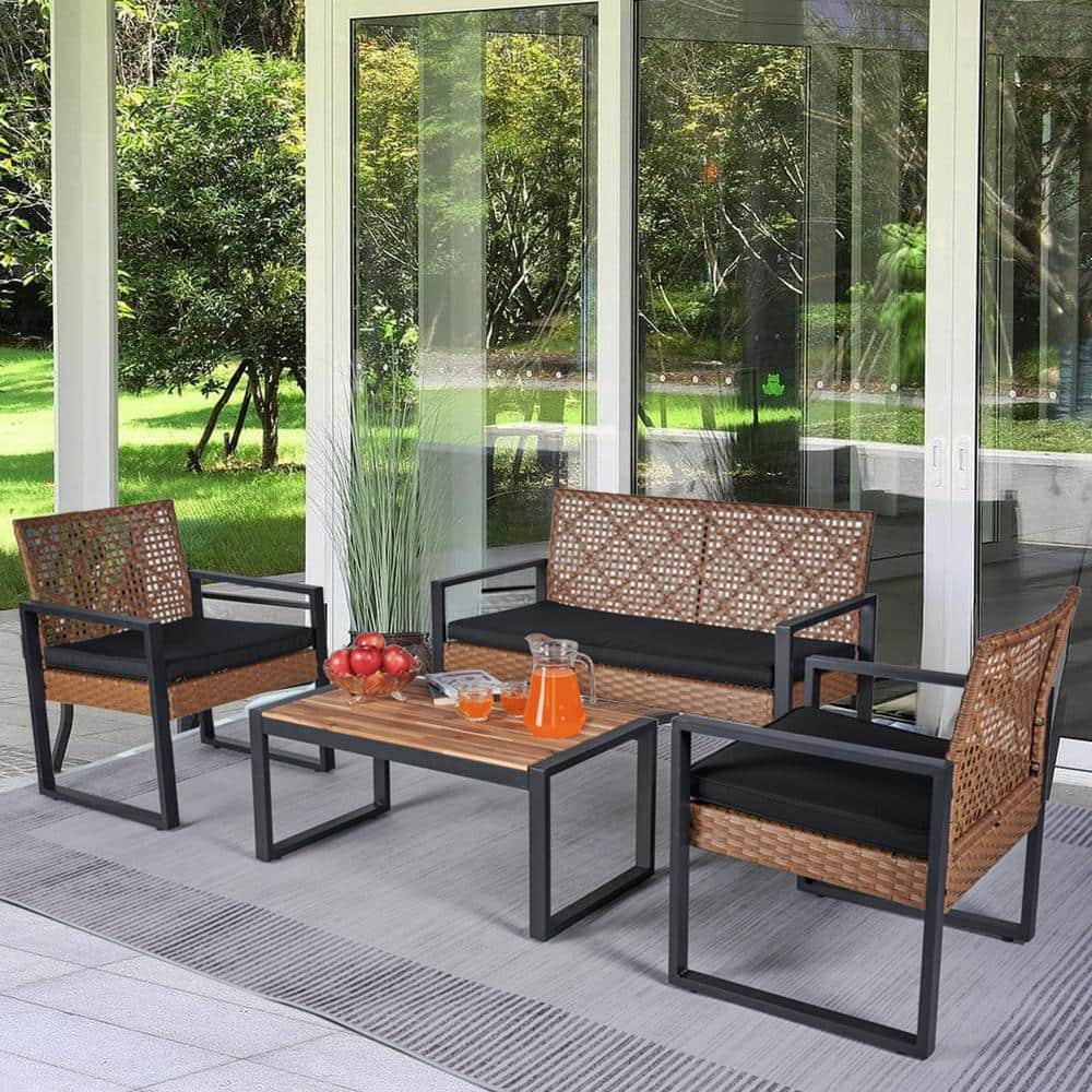 4-Piece Wicker Patio Furniture Set with Acacia Wood Table Top and Black Cus
