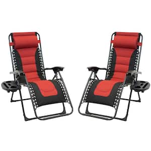 Black Frame Red and Black Patio Premier Padded Gravity Foldable Chairs with Foot Cover and Big Cupholder (2-Pack)