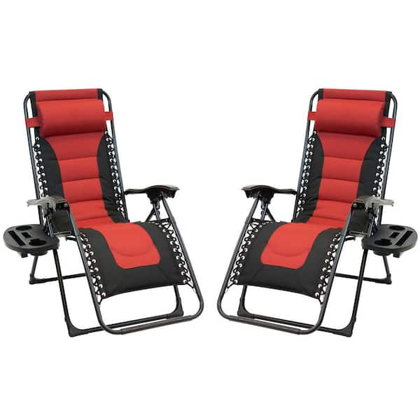 Patio Premier Black Frame Red and Black Patio Premier Padded Gravity Foldable Chairs with Foot Cover and Big Cupholder (2-Pack)