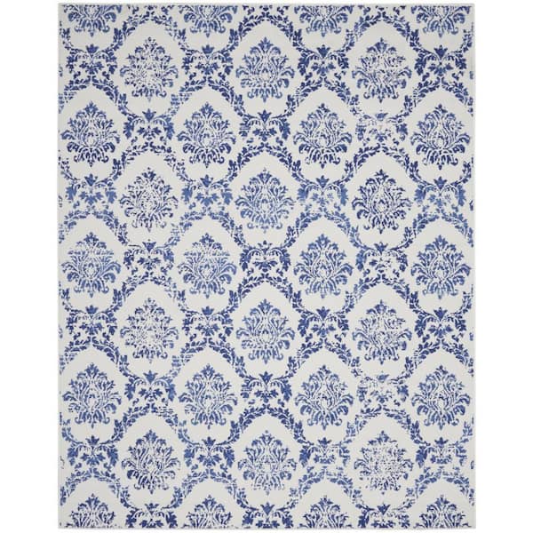 8 ft. x 10 ft. Ivory and Blue Damask Distressed Non Skid Area Rug