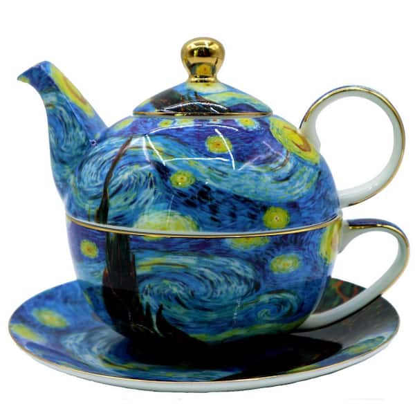 Starry Sky 1-Piece Blue Vintage Floral European Style Bone China Porcelain Teapot and Cup Set with Saucer
