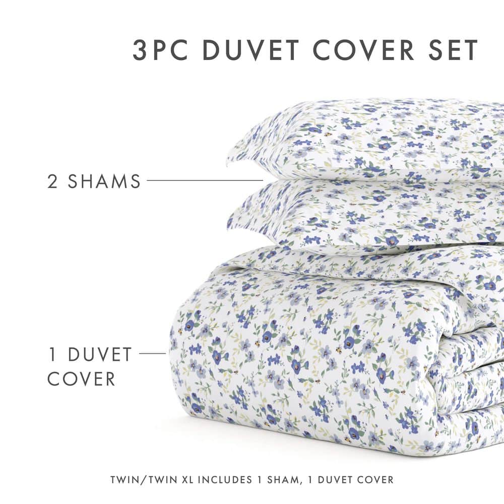 Light Blue Floral Microfiber King/California King Duvet Cover Set