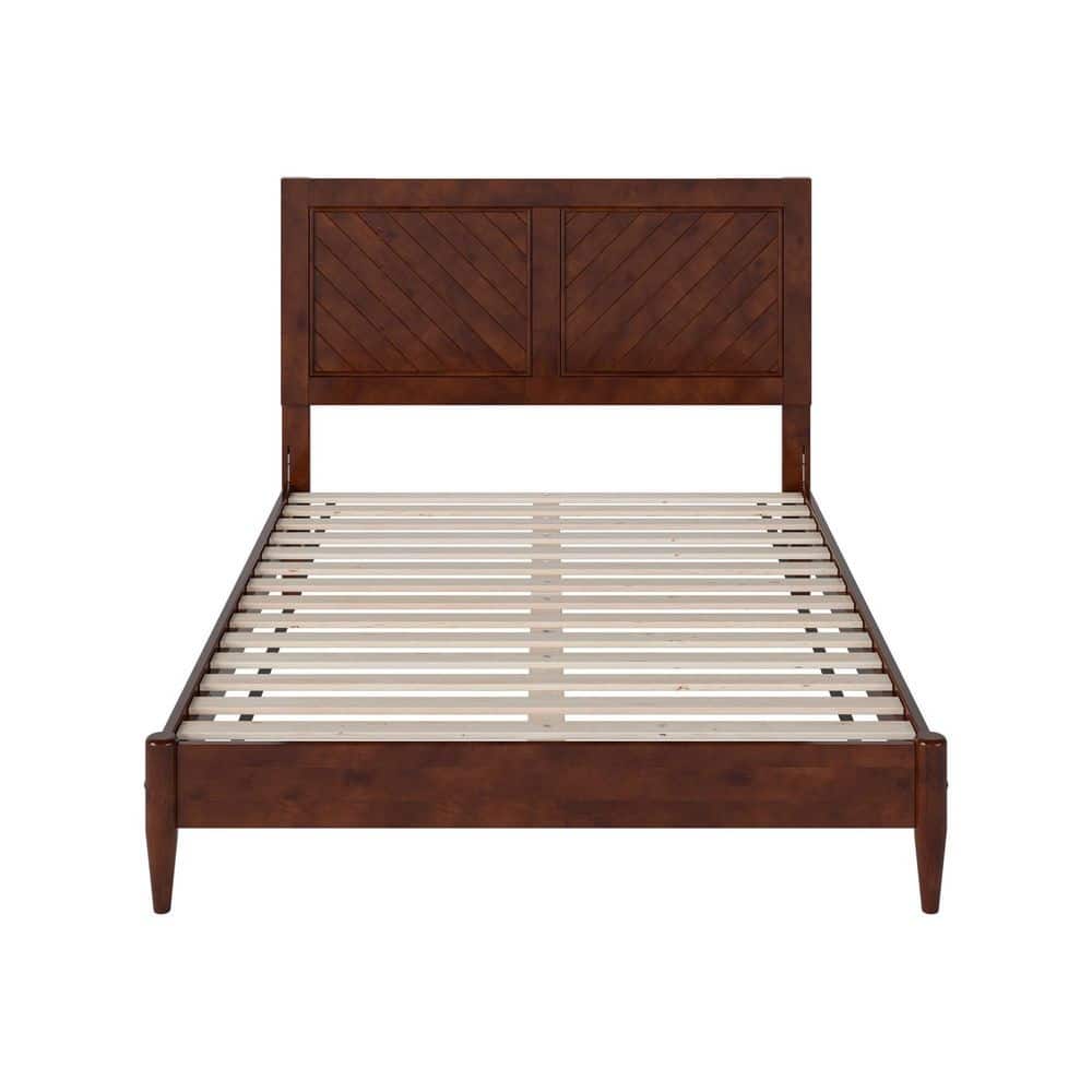 Walnut Full Solid Wood Platform Bed with Chevron Headboard