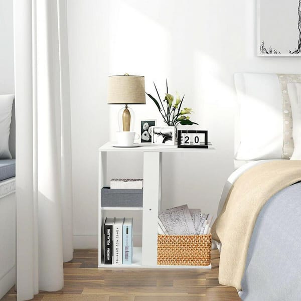 ANGELES HOME 23.5 in. White Wood Rectangle End Table 3-tier Side Table with Storage Shelf