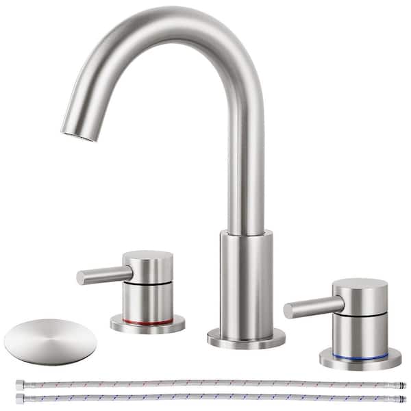 AKLFGN Double Handle 8 in. Widespread High Arc Bathroom Faucet with Pop-up Drain and 360° Swivel Spout in Brushed Nickel
