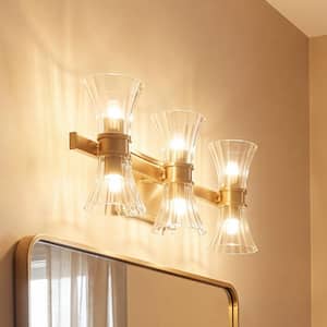 Bennington 24 in. 6-Light Warm Brass Vanity Light with Clear Ribbed Glass Shades