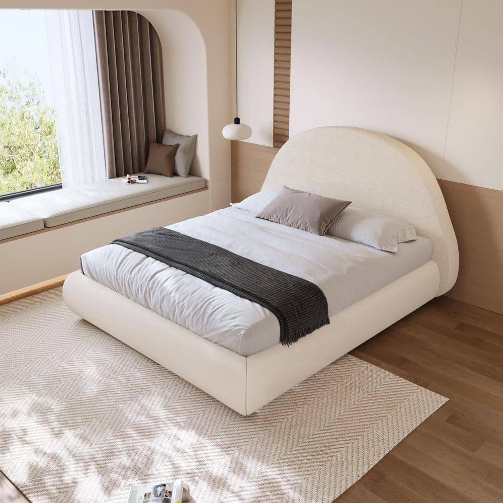 Beige Solid Pinus Wood Frame Queen Size Low Profile Platform Panel Bed with