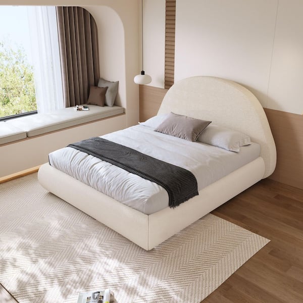 Lesly Beige Solid Pinus Wood Frame Queen Size Low Profile Platform Panel Bed with Lambswool Round Headboard and Sides