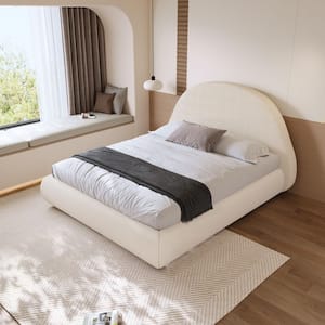 Beige Solid Pinus Wood Frame King Size Low Profile Platform Panel Bed with Lambswool Round headboard and Sides