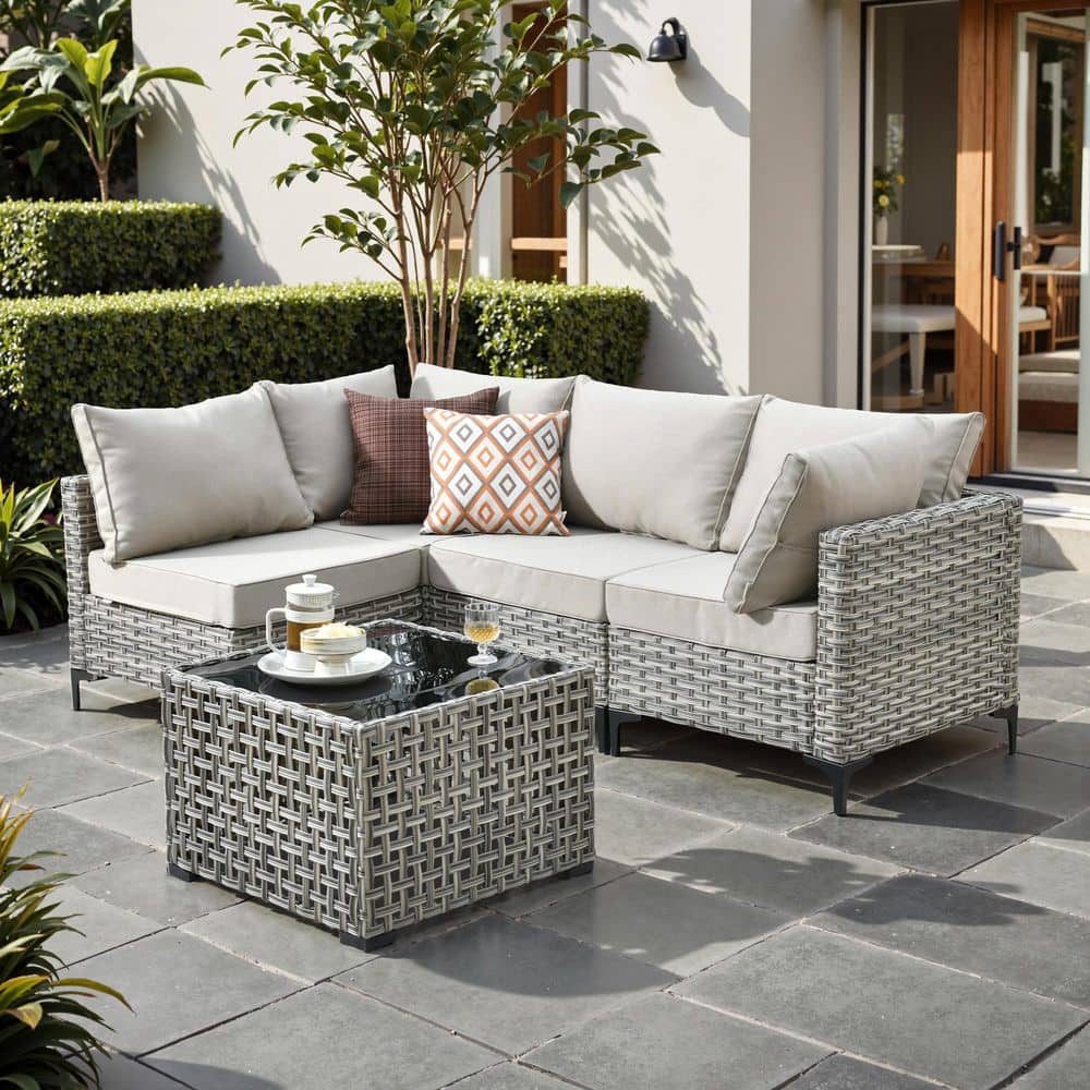 Coralia Gray 5-Piece Wicker Outdoor Sectional Set with Beige Cushion & Lighted Coffee Table for Patio, Deck, Yard price history on PriceWatchPro