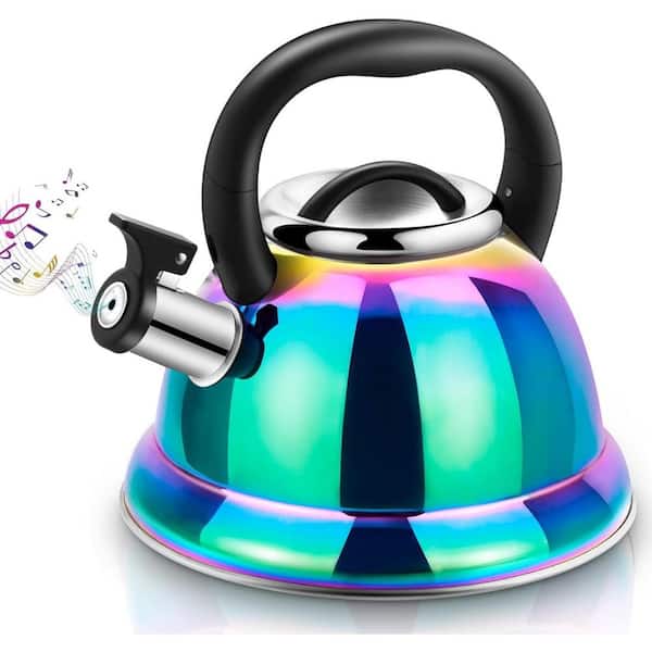 14-Cup Rainbow Stainless Steel Induction Stovetop Whistling Tea Kettle, Tea Pot with Cool Folding Handle, Mirror Finish