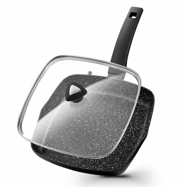 9.5 in. Square Marble Stone-Earth Nonstick Grill Pan with Lid and Bakelite Handle, Induction Ready in Black
