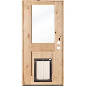32 in. x 80 in. Knotty Alder Left-Hand/Inswing Clear Glass Unfinished Wood Prehung Front Door with Large Dog Door