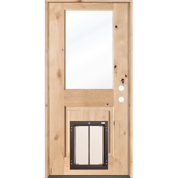 Krosswood Doors 32 in. x 80 in. Knotty Alder Left-Hand/Inswing Clear Glass Unfinished Wood Prehung Front Door with Large Dog Door