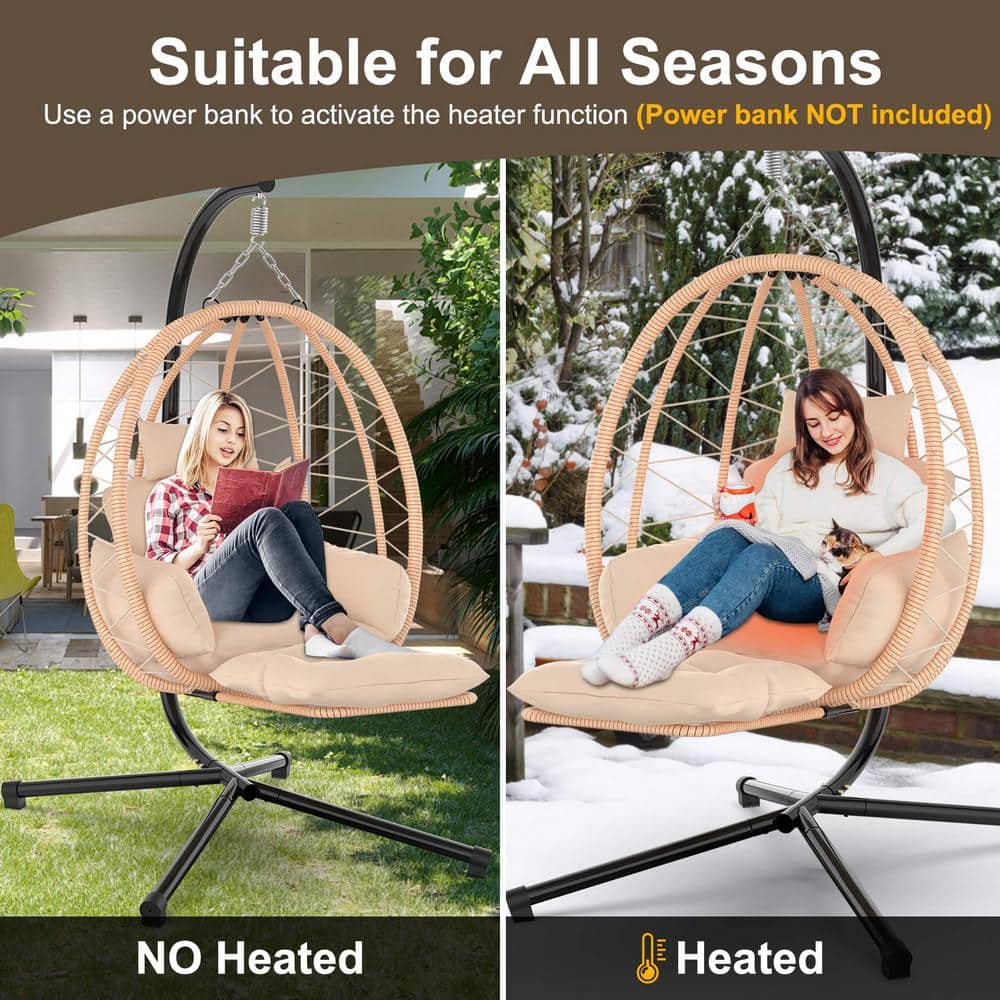 Brown Heated Hanging Egg Chair with Cushions and Black Steel Frame