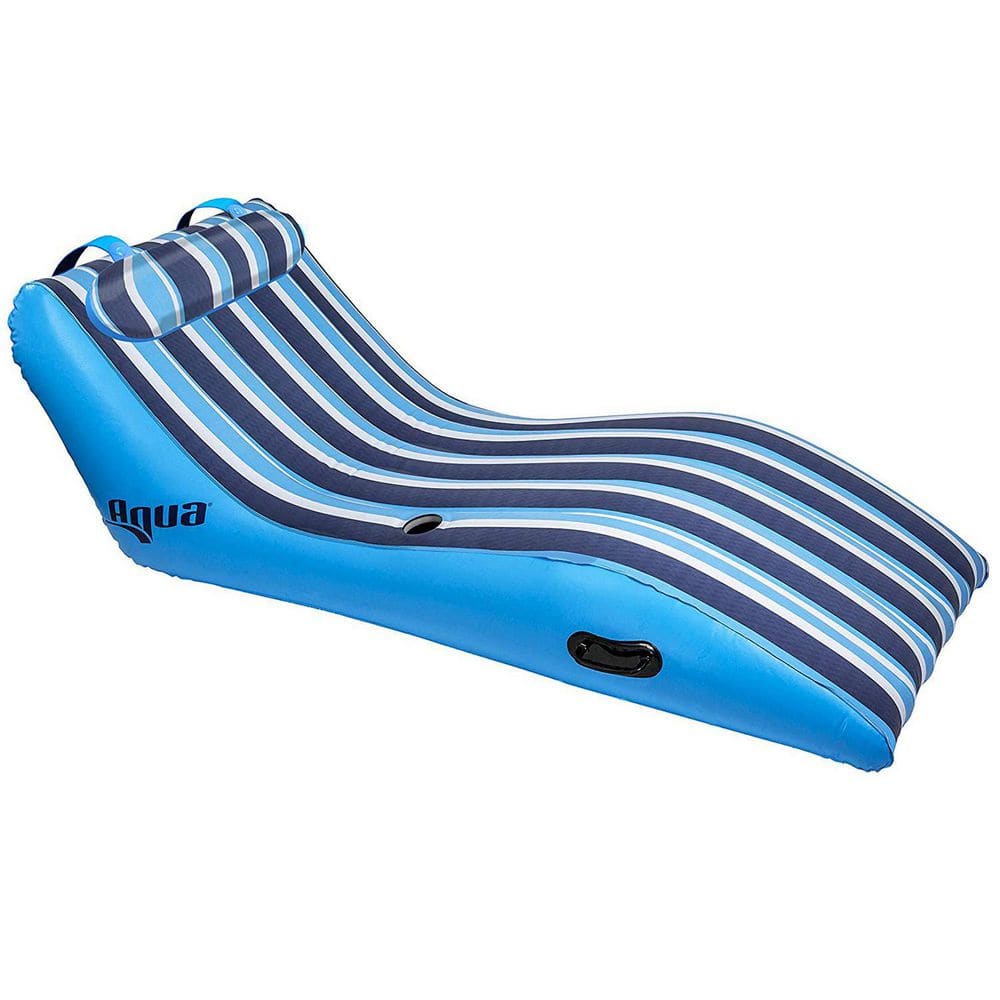 Blue Striped Inflatable Pool Lounger with Pillow Headrest