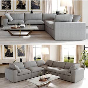 120 in. Free Combination Large 5-Seat L-shape Corner Modular Linen Flannel Upholstered Sectional Sofa with Ottoman, Gray