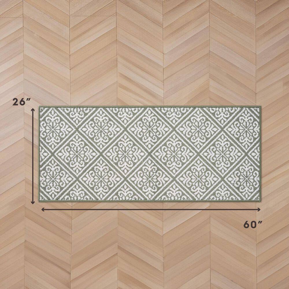 Ivory and Sage Geometric Tufted Runner Rug, 60" x 25"