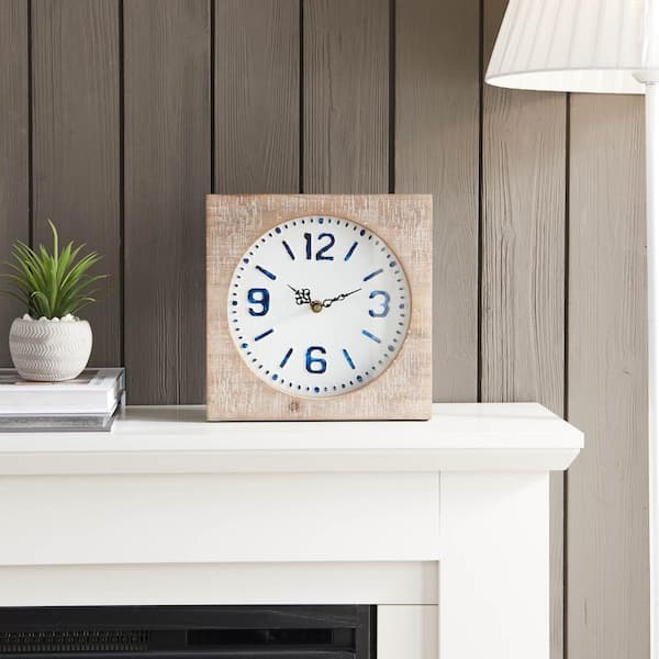 HEMSLY INC Modern Farmhouse Square Tan Wood and Metal Table Clock