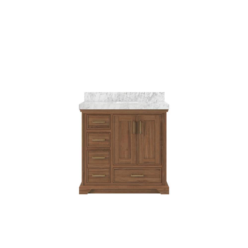 "Charlotte Teak 36 in. W x 22 in. D x 36 in. H Right Offset Sink Bath Vanity in Dark Natural with 2"" Carrara Marble Top" price history on PriceWatchPro