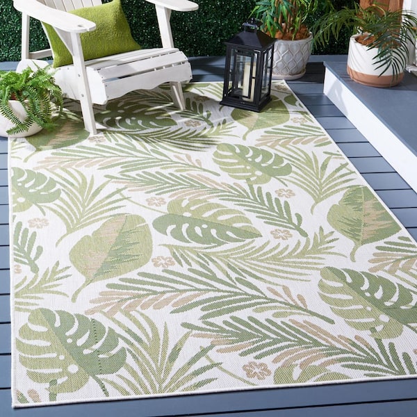 Courtyard Ivory/Green 5 ft. x 8 ft. Leaves Modern Indoor/Outdoor Area Rug