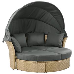 Wicker Outdoor Day Bed, Round Sofa Furniture Set with Retractable Canopy, 4-Pillows for Lawn Garden and Gray Cushions