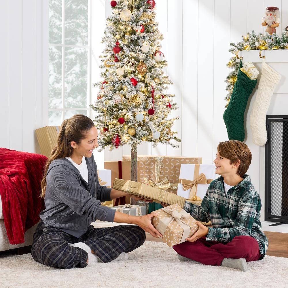 6ft Pre-Lit Snow Flocked Slim Pencil Alpine Christmas Tree with LED Lights and Metal Stand