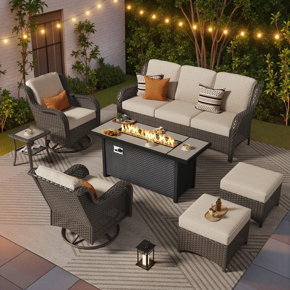 Bali 7 Pieces Wicker Outdoor Patio 54 in. Rectangular Fire Pit Set and Swivel Rocking Chairs with Beige Cushions price history on PriceWatchPro