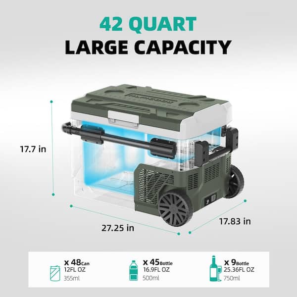 42 qt. Portable Refrigerator Car Fridge Dual Zone Electric Cooler with Wheels and Retractable Handle 12v Fridge Outdoor