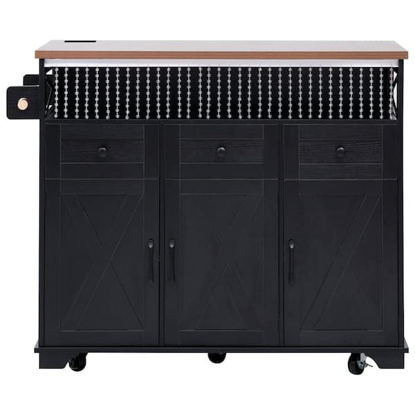 Ximuprmy Black Wood 53 in. Kitchen Island with Drape of Beads, Drop Leaf, 2 Power Outlet and Storage for Kitchen and Dining Room