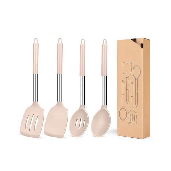 Khaki 4-Piece Silicone and Stainless Steel Cooking Utensils Set with Spatulas, Slotted Spoons for Frying Mixing Serving