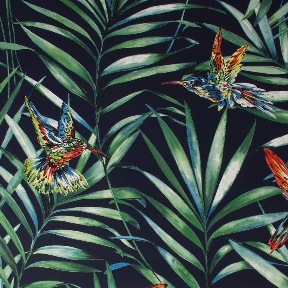 Tropical Birds Black and Green Peel and Stick Wallpaper