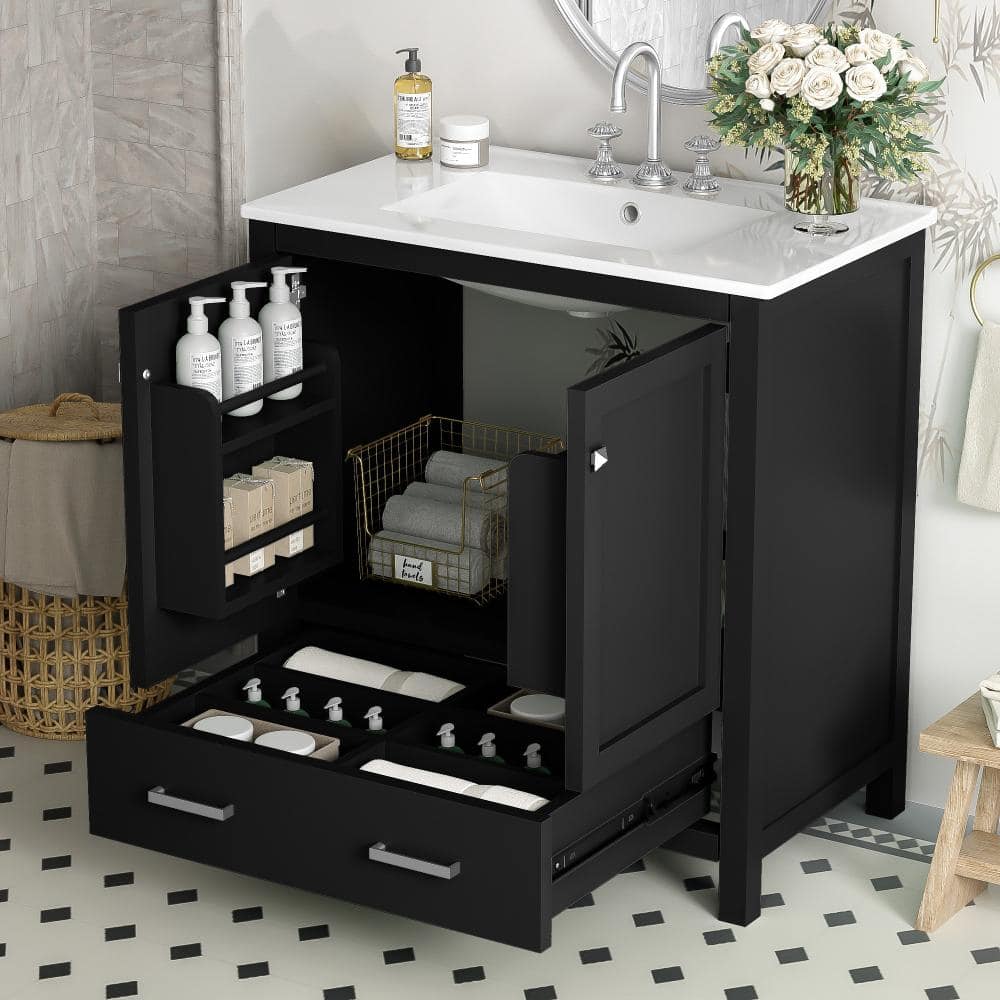 30″ Black Bathroom Vanity with Single Sink, 2 Doors & Drawer, Soft Closing, Solid Wood Frame price history on PriceWatchPro