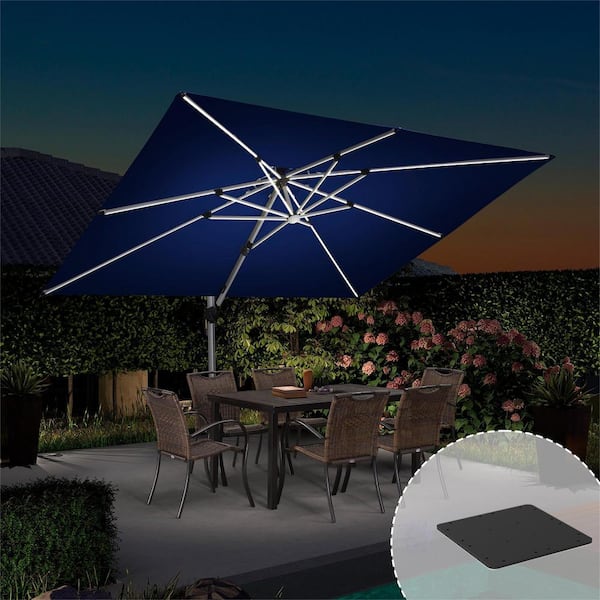 PURPLE LEAF 9 ft. x 12 ft. Aluminum Solar Powered LED Patio Cantilever Offset Umbrella with Base Plate, Navy Blue