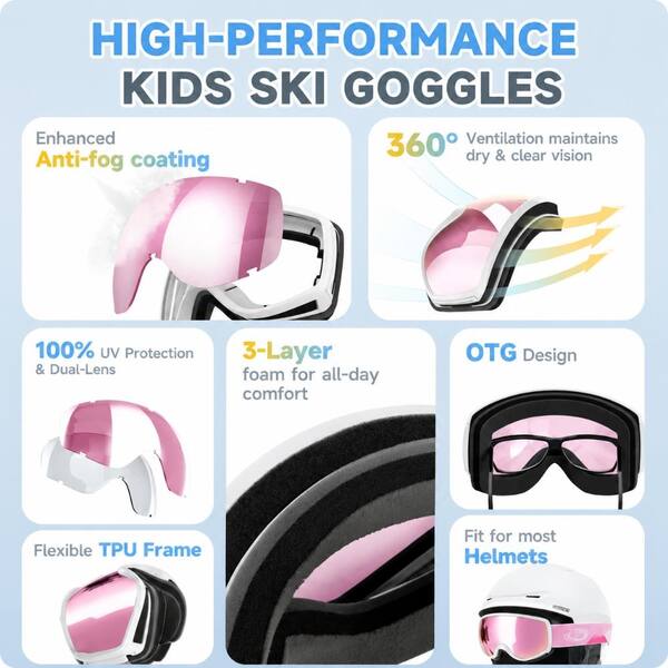6.69 in. Kids Ski Goggles with Anti-Fog UV400 Lens, TPU Frame and